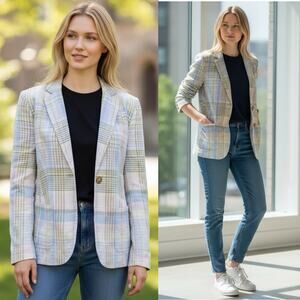 Talbots Madras Pastel Plaid Blazer Jacket Size 8 Linen Preppy Chic Cottage core